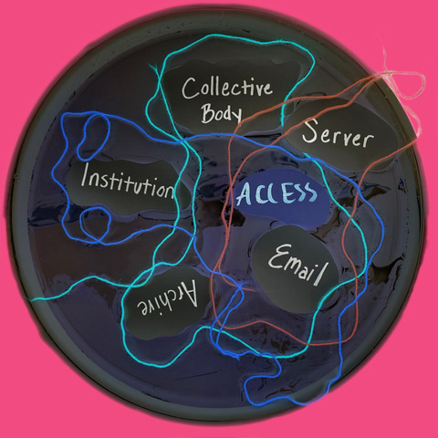 A round pool of liquids holds multiple intertwined threads floating over and tangling with one another. Floating in the mess are the words “Collective Body”, “Server”, “Institution”, “Access”, “Email”, “Archive” each written in an illuminated script.